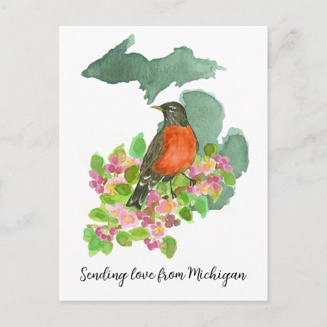 Carte Postale Envoi d'amour Michigan American Robin Flowers (Devant)