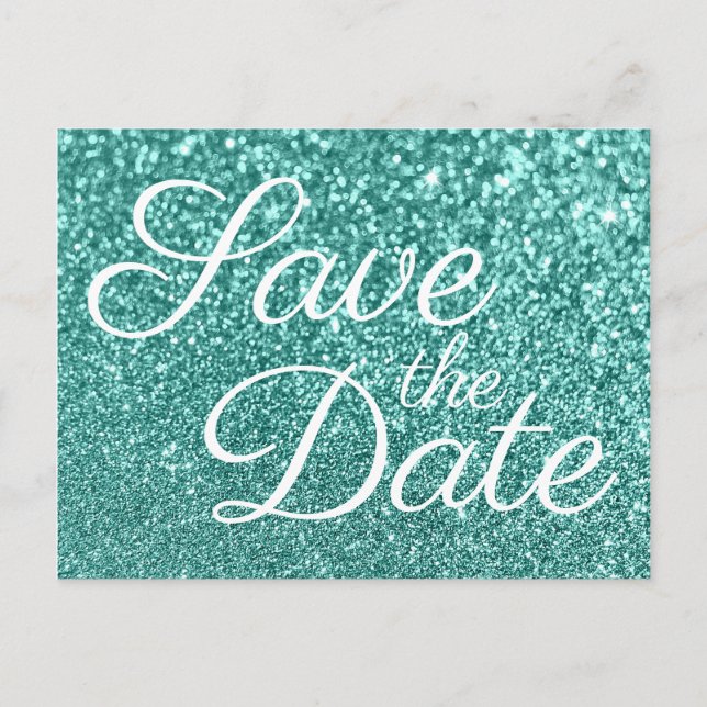 Carte Postale Épargnez la date pailletée bokeh turquoise clair (Devant)