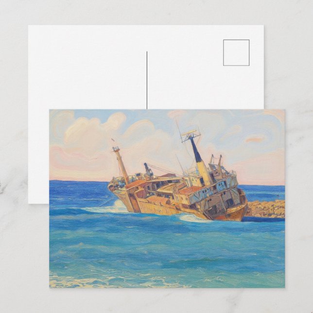 Carte Postale Épave du Edro III à Paphos, style aquarelle (Devant / Derrière)