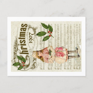 Carte Postale Ephemera 1907 Noël Carol Script Holly Berry