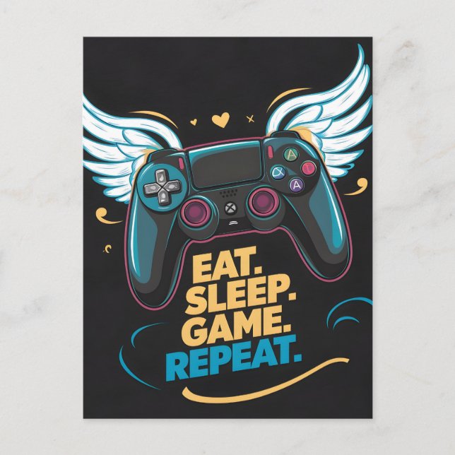 Carte Postale Epic Gaming Gear. Manger. Dormir. Jeu. Recommencer (Devant)