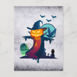 Carte Postale Épouvantail d'Halloween avec chauves-souris, corbe