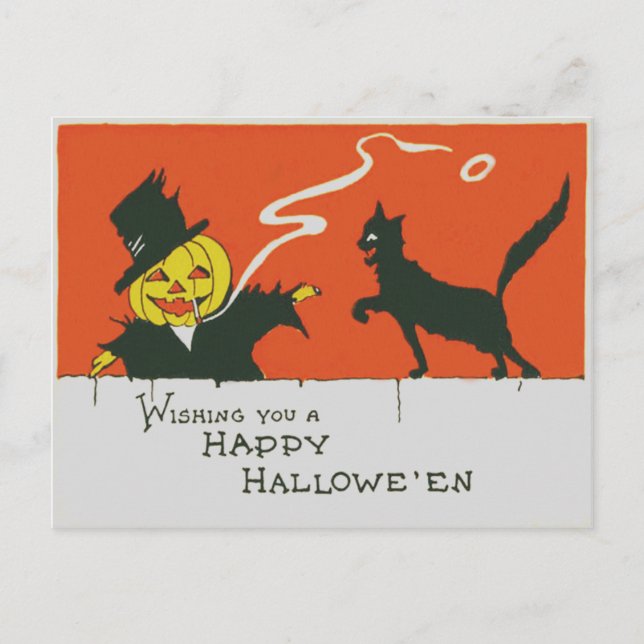 Carte Postale Épouvantail fumeur Citrouille Chat Noir (Devant)