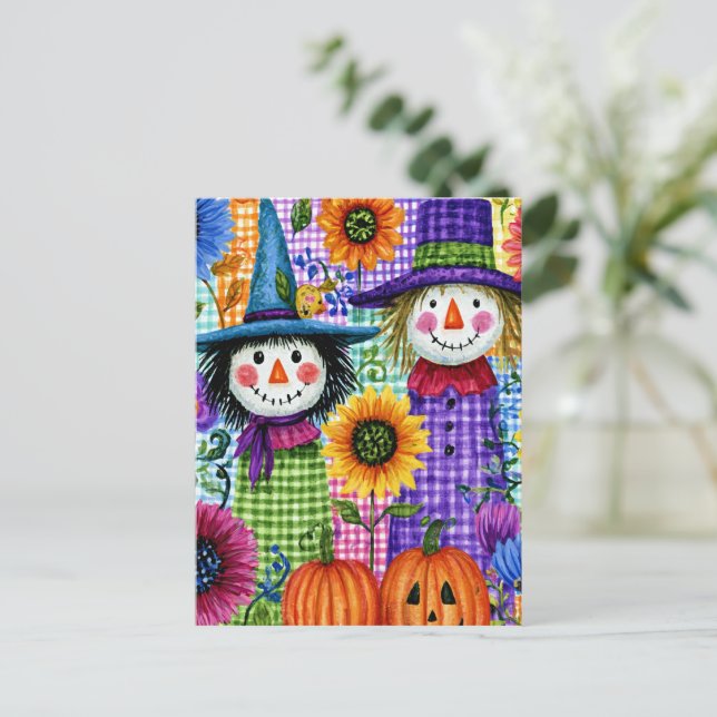 Carte Postale Épouvantails et citrouilles, Halloween, (Debout devant)