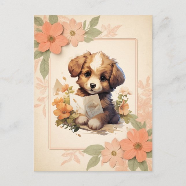 Carte Postale Equarelle été Chiot - Cadre floral - (Devant)