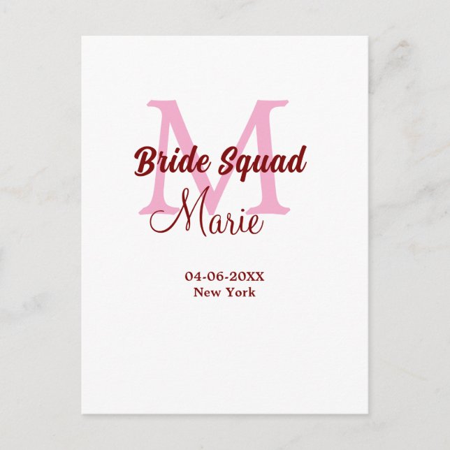 Carte Postale Équipe de mariée ajouter nom monogramme demoiselle (Devant)