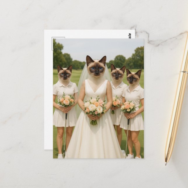 Carte Postale Équipe de mariée Golf Cat pour enterrement de vie  (Devant/Arrière en situation)