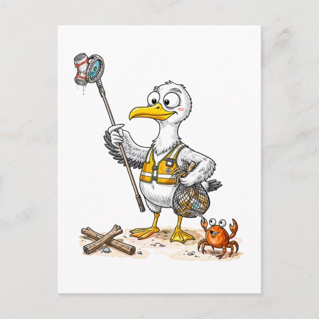 Carte Postale Équipe de nettoyage de la plage de Comic Bird (Devant)