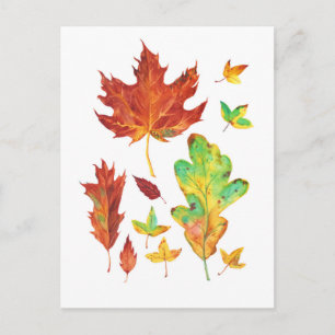 Carte Postale Érable rouge et feuilles de chêne doré Aquarelle d