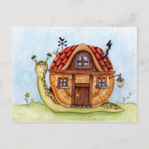 Carte Postale Escargot avec maison sur l'arrière aquarelle peint