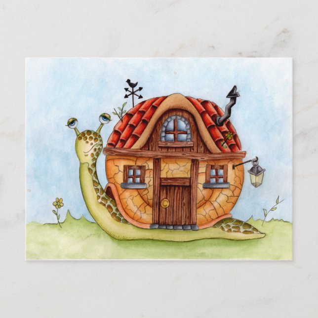 Carte Postale Escargot avec maison sur l'arrière aquarelle peint (Devant)