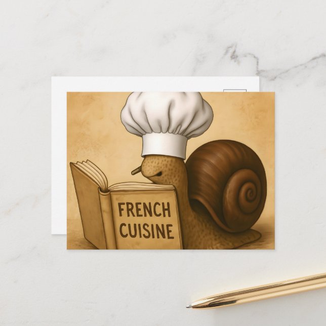 Carte Postale Escargot avec un livre de cuisine français (Devant/Arrière en situation)