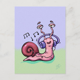 Carte Postale Escargot Cartoon écoutant de la musique