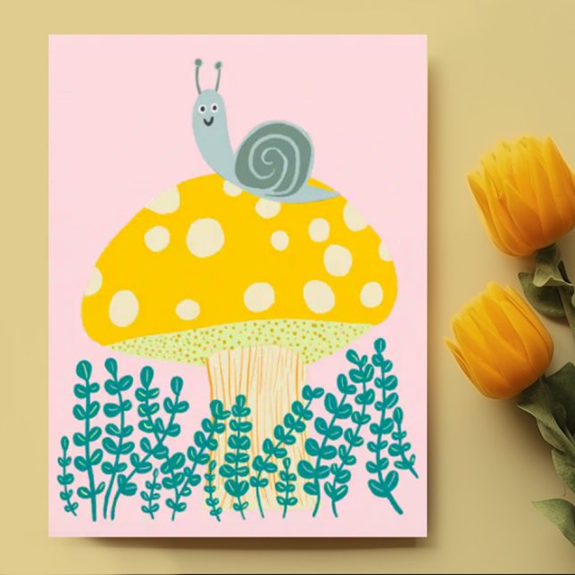 Carte Postale Escargot de Whimsical sur Cute de Champignons Magi (Cute snail on fun mushroom custom postcard design)