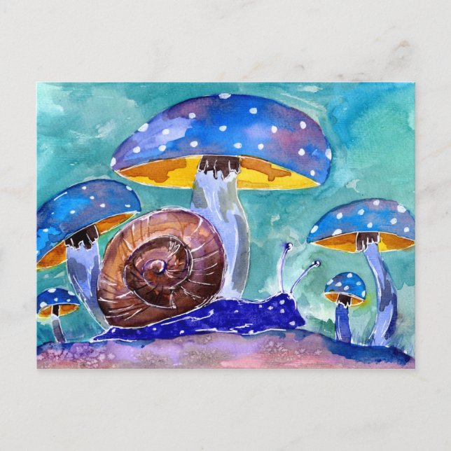 Carte Postale Escargot pourpre et champignons bleus (Devant)