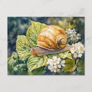 Carte Postale Escargot sur bois de pin peinture aquarelle