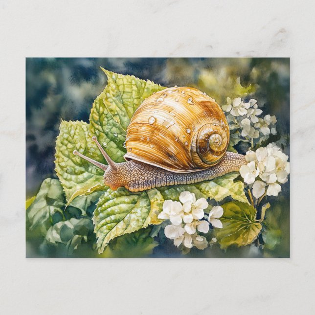 Carte Postale Escargot sur bois de pin peinture aquarelle (Devant)