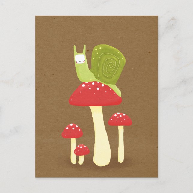 Carte Postale Escargot vert sur champignons mouchetés rouges (Devant)