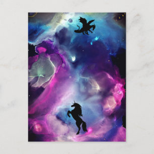 Carte Postale Espace Imaginaire Nebula Unicorn Dragon bleu rose