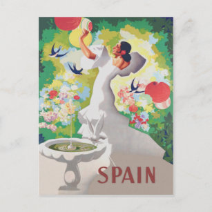 Carte Postale Espagne Senorita Oiseaux Fleurs Fiesta Garden