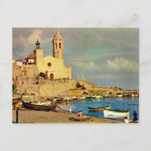 Carte Postale Espagne vintage, Sitges, cathédrale et bord de mer