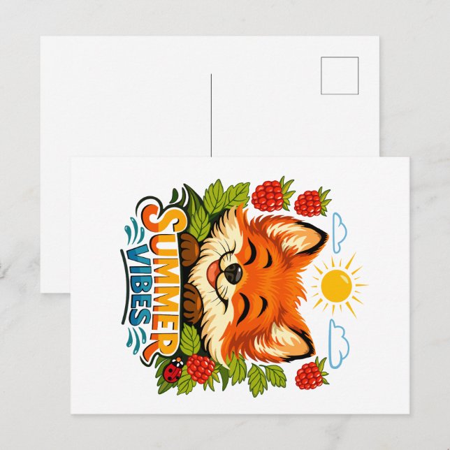 Carte postale estivale avec un renard (Devant / Derrière)