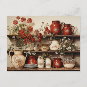 Carte Postale Étagère de cuisine en bois vintage Fleurs rouges e
