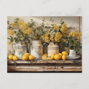 Carte Postale Étagère de cuisine vintage citrons pots fleurs