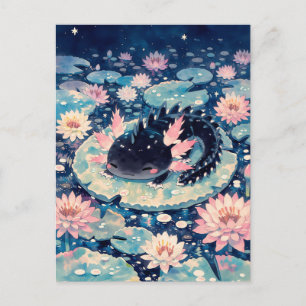 Carte Postale Étang de l'Axolotl Kawaii Noir de Minuit