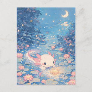 Carte Postale Étang de l'Axolotl Kawaii Pastel Clair de Lune