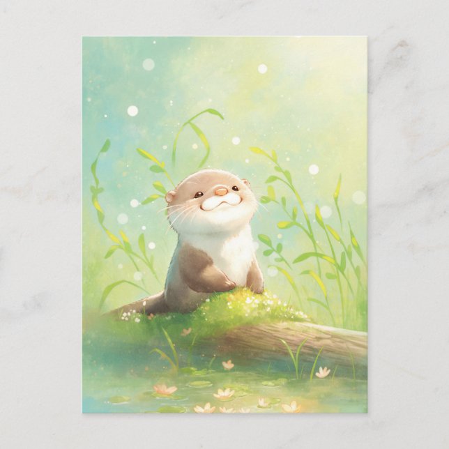 Carte Postale Étang de loutre aquarelle joyeuse lis (Devant)
