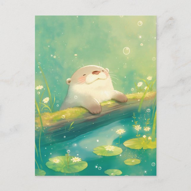 Carte Postale Étang de loutre aquarelle joyeuse lis (Devant)