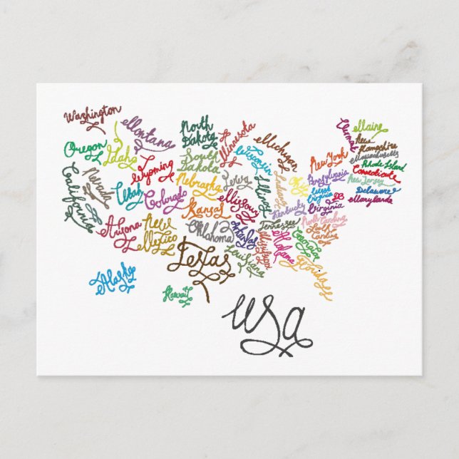 Carte Postale États-Unis d'Amérique Script Text Map (Devant)