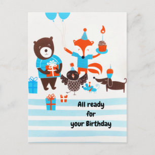 Carte Postale Été Forêt Bleue Bois Animaux Aquarelle