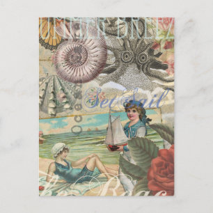 Carte Postale été plage vintage pieuvre antique voile