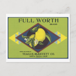 Carte Postale Étiquette à base de fruits de citron d'une valeur