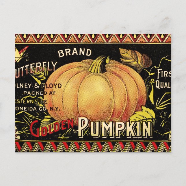 Carte Postale Étiquette de caisse de citrouille dorée vintage :  (Devant)