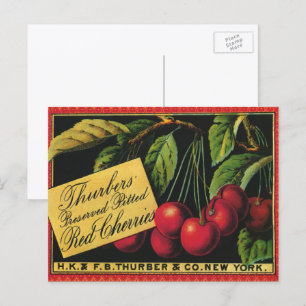 Carte Postale Étiquette de caisse de fruits vintage, cerises Thu
