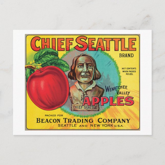 Carte Postale Étiquette de pommes Vintages Chief Seattle (Devant)