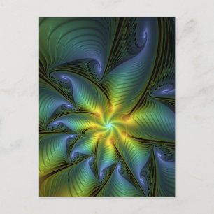 Carte Postale Étoile abstraite, art fractal doré bleu vert brill