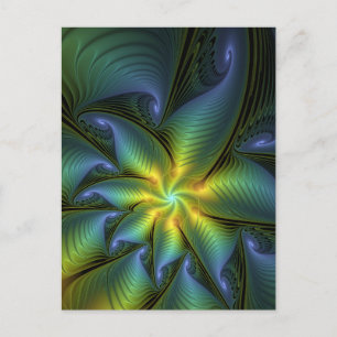 Carte Postale Etoile Abstraite, Bleu brillant Vert Or Fractal Ar