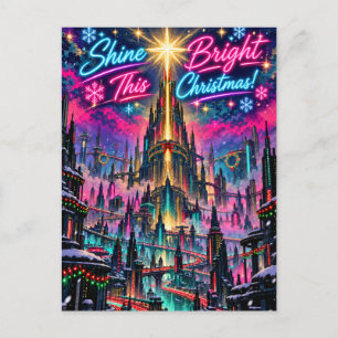 Carte Postale Étoile de Noël dorée sur une ville néon futuriste