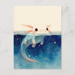 Carte Postale Étoile Indigo Axolotl Kawaii à l'eau divisée