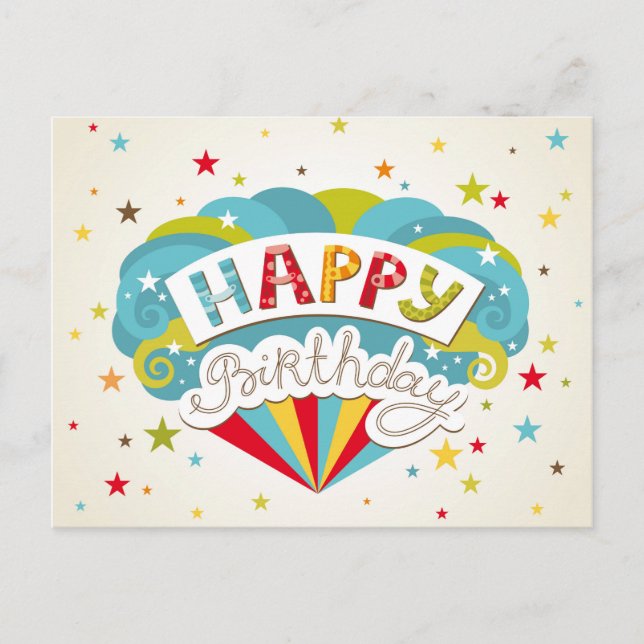 Carte Postale Étoiles Colorées Rétro Joyeux Anniversaire (Devant)