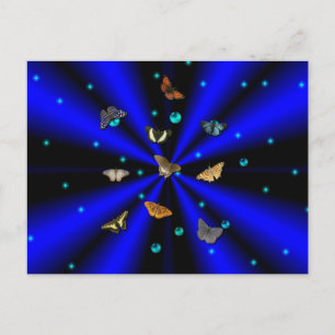 Carte Postale Étoiles, perles et papillon sur noir et bleu