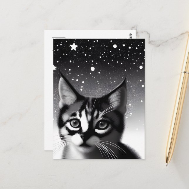 Carte Postale Étoiles rétro noir et blanc Kitten (Devant/Arrière en situation)