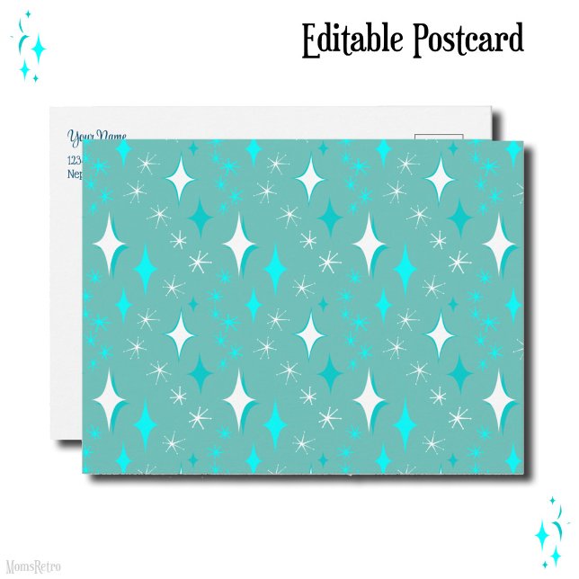 Carte Postale Étoiles rétro sarcelle et blanc modifiables (Retro Teal and White Stars Editable Postcard)