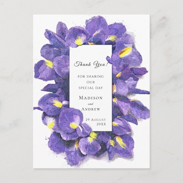 Carte Postale Etonnant Purple Irises Aquarelle Floral Merci (Devant)