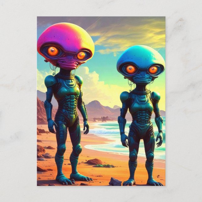 Carte Postale Étranges Aliens Robots Métalliques de l'Espace (Devant)