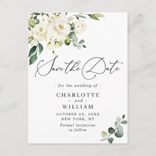 Carte Postale Eucalyptus Blanc Roses Mariage Enregistrer la date